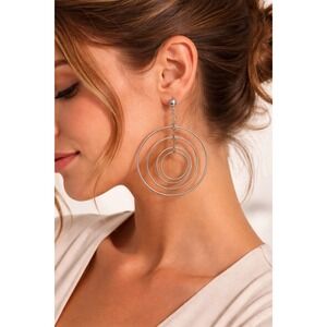 Drop Earrings Silver Tone Multi Hoop Geometric Statement Lightweight 2.5 Inch